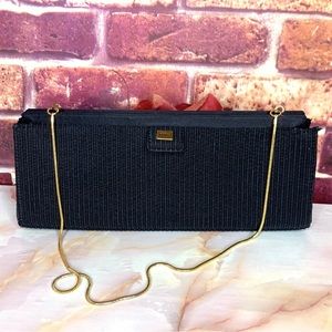 Vintage Y2K DKNY Black and Gold Satin Convertible Framed Evening Bag Clu…